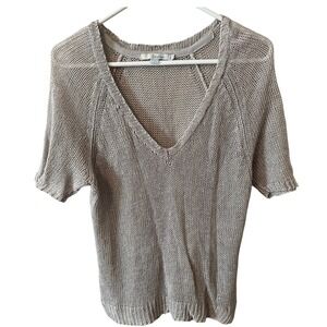 Boden Metallic Gold Open Knit V-Neck Short Sleeve Sweater Top US Champagne